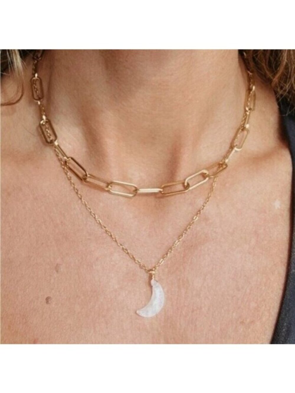 BUNDLE WATERPROOF Gold Paperclip Necklace & Turquoise or Moonstone Moon Pendant